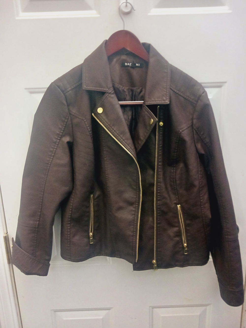Baccini Dark Brown Faux Leather Moto Jacket with Gold Hardware
